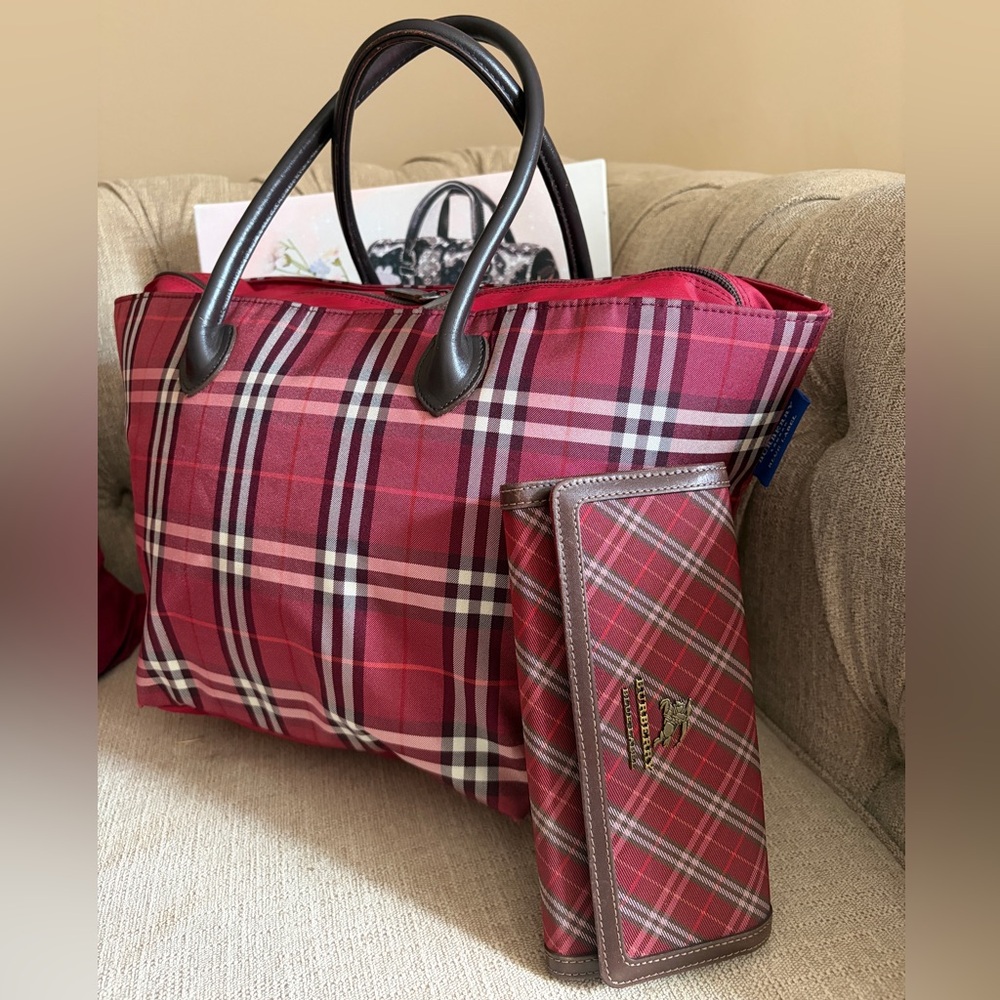 Burberry Blue Label House Tote Red and Brown Plaid with COA & Lg Wallet